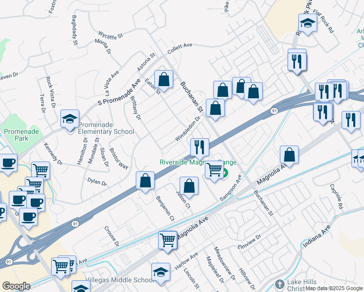 map of restaurants, bars, coffee shops, grocery stores, and more near 345 Oakwood Court in Corona