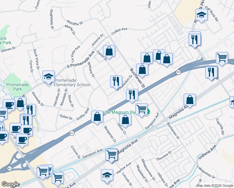 map of restaurants, bars, coffee shops, grocery stores, and more near 2941 Wimbledon Drive in Corona