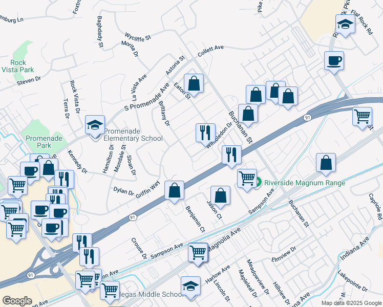 map of restaurants, bars, coffee shops, grocery stores, and more near 440 Brittany Drive in Corona