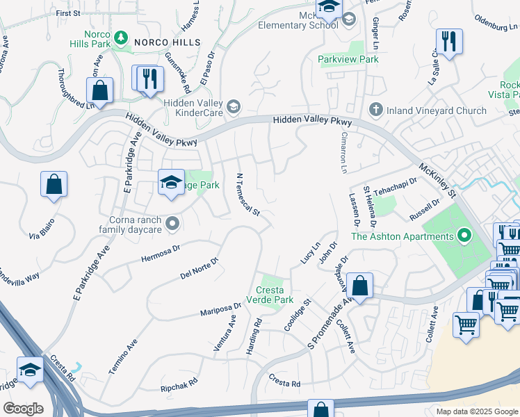 map of restaurants, bars, coffee shops, grocery stores, and more near 731 North Temescal Street in Corona