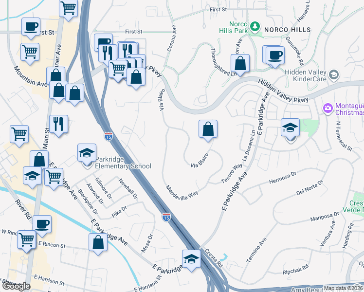 map of restaurants, bars, coffee shops, grocery stores, and more near 755 Mandevilla Way in Corona