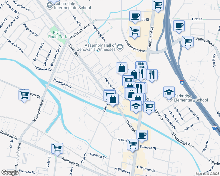 map of restaurants, bars, coffee shops, grocery stores, and more near 504 Penrose Drive in Corona