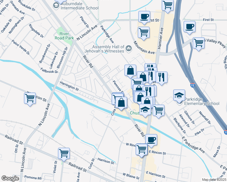 map of restaurants, bars, coffee shops, grocery stores, and more near 504 Penrose Drive in Corona