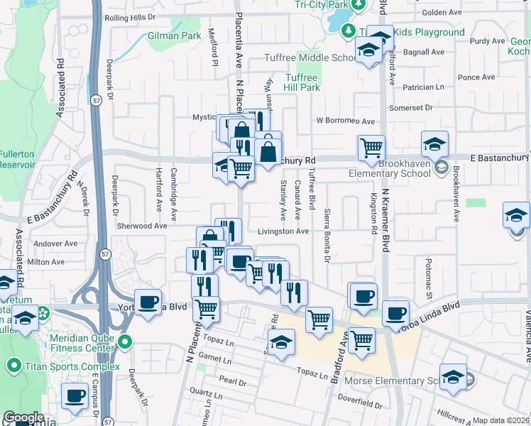 map of restaurants, bars, coffee shops, grocery stores, and more near 436 Lewis Place in Placentia