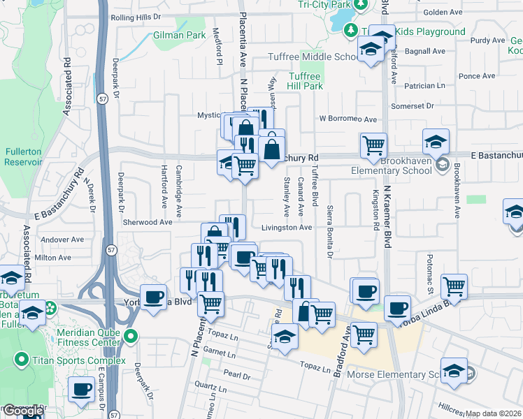 map of restaurants, bars, coffee shops, grocery stores, and more near 436 Lewis Place in Placentia