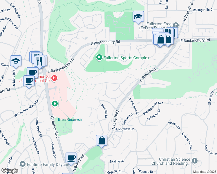 map of restaurants, bars, coffee shops, grocery stores, and more near 1801 Lexington Drive in Fullerton