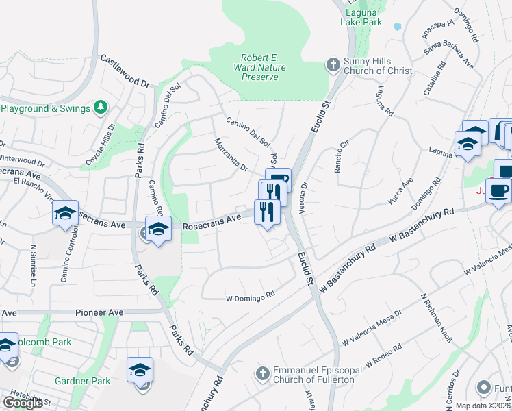 map of restaurants, bars, coffee shops, grocery stores, and more near 2142 Avenida Soledad in Fullerton