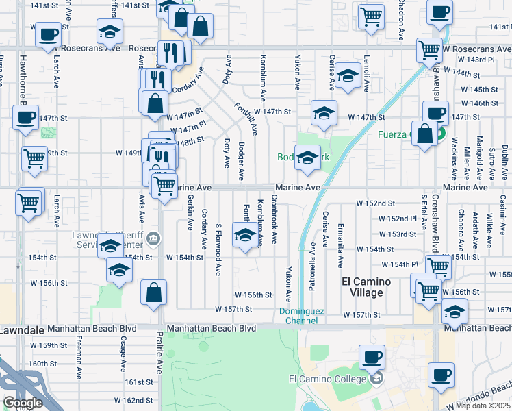 map of restaurants, bars, coffee shops, grocery stores, and more near 15116 Fonthill Avenue in Lawndale