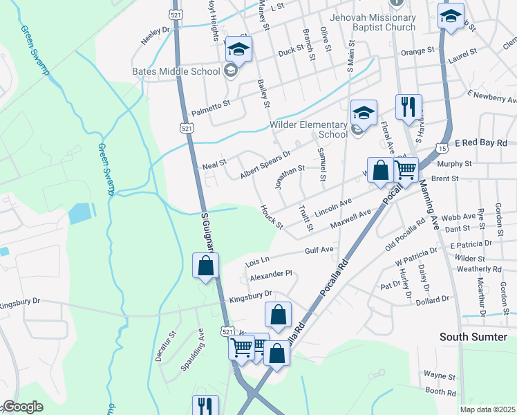 map of restaurants, bars, coffee shops, grocery stores, and more near 980 Houck Street in Sumter