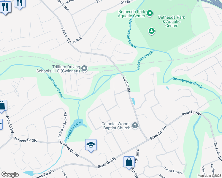 map of restaurants, bars, coffee shops, grocery stores, and more near 207 Willow Cove Court Southwest in Lawrenceville