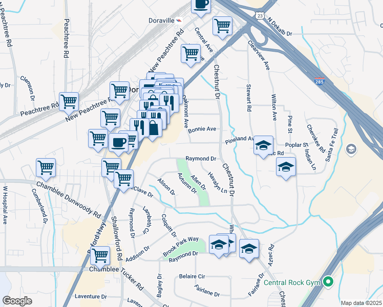 map of restaurants, bars, coffee shops, grocery stores, and more near 3580 Raymond Drive in Doraville