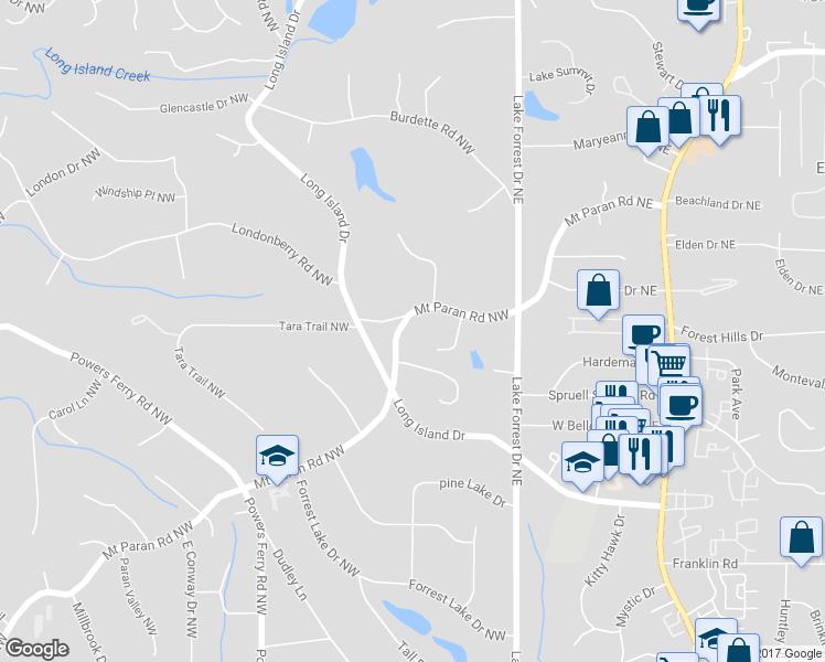 map of restaurants, bars, coffee shops, grocery stores, and more near 98 Mount Paran Road Northwest in Sandy Springs