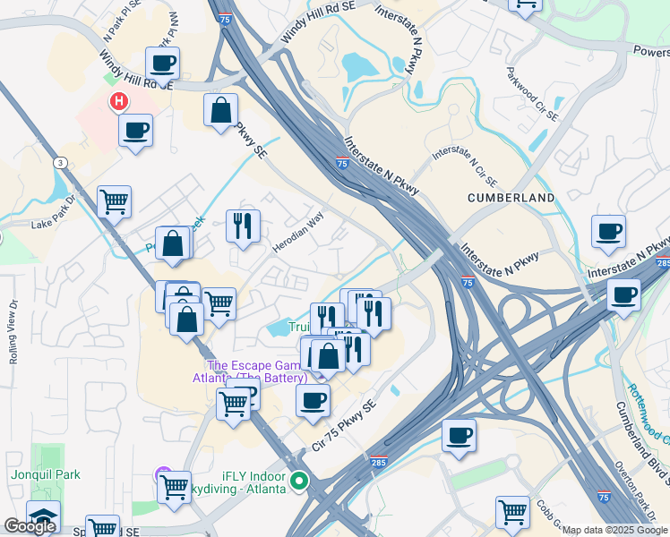 map of restaurants, bars, coffee shops, grocery stores, and more near 2855 Crescent Parkway in Atlanta