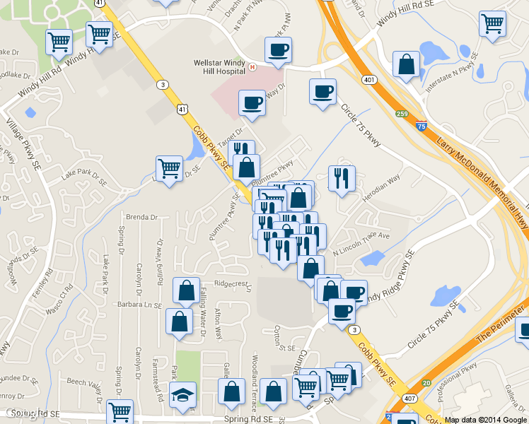 map of restaurants, bars, coffee shops, grocery stores, and more near 101 Calibre Brooke Way Southeast in Smyrna