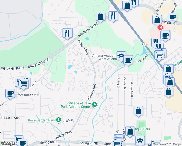 map of restaurants, bars, coffee shops, grocery stores, and more near 32 Little Silver Court in Smyrna