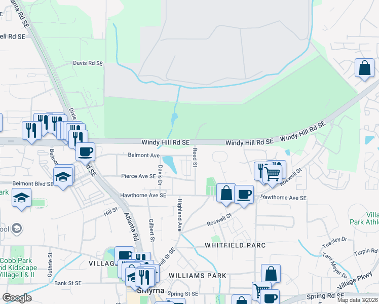 map of restaurants, bars, coffee shops, grocery stores, and more near 1429 Belmont Avenue in Smyrna