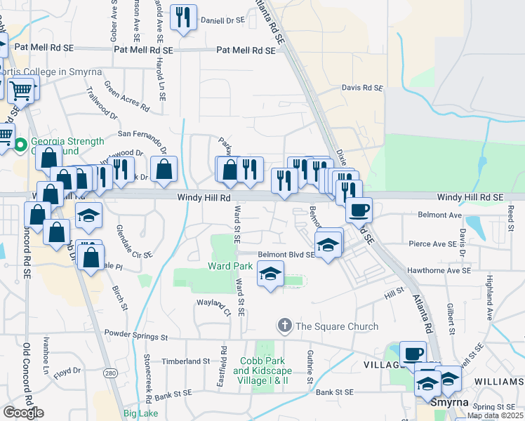 map of restaurants, bars, coffee shops, grocery stores, and more near 920 Windy Hill Road in Smyrna