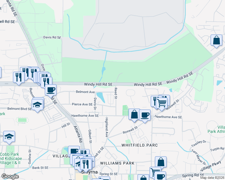 map of restaurants, bars, coffee shops, grocery stores, and more near 1429 Belmont Avenue in Smyrna