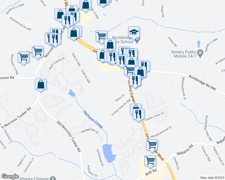 map of restaurants, bars, coffee shops, grocery stores, and more near 6224 Boyett Drive Northwest in Norcross