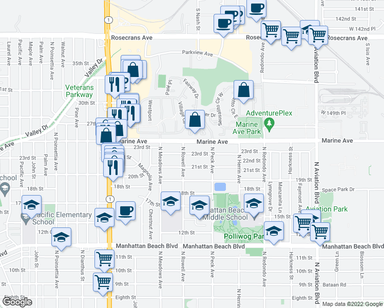 map of restaurants, bars, coffee shops, grocery stores, and more near 1421 23rd Street in Manhattan Beach