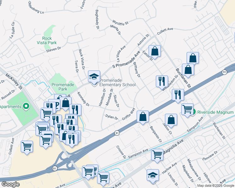 map of restaurants, bars, coffee shops, grocery stores, and more near 498 Bristol Way in Corona