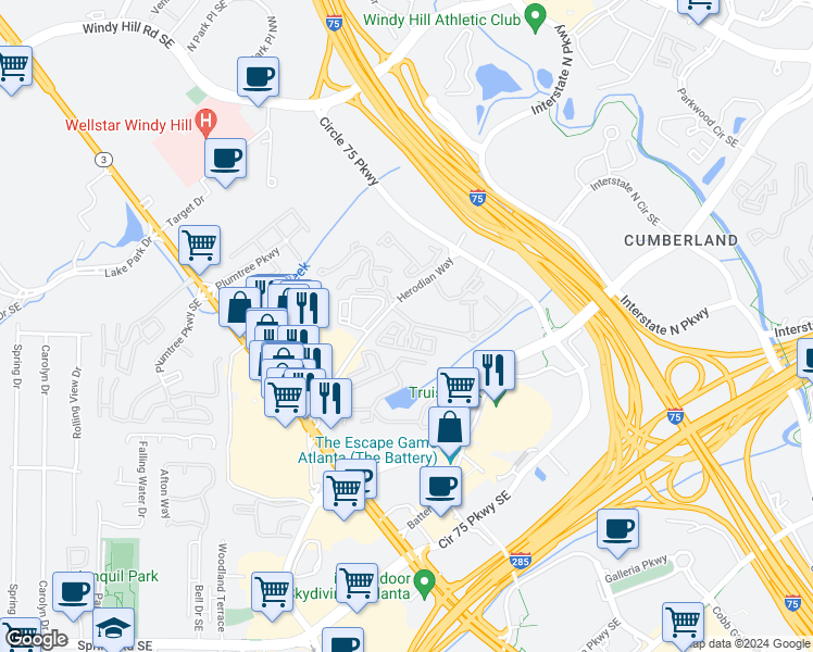 map of restaurants, bars, coffee shops, grocery stores, and more near 2540 Crescent Park Court in Atlanta