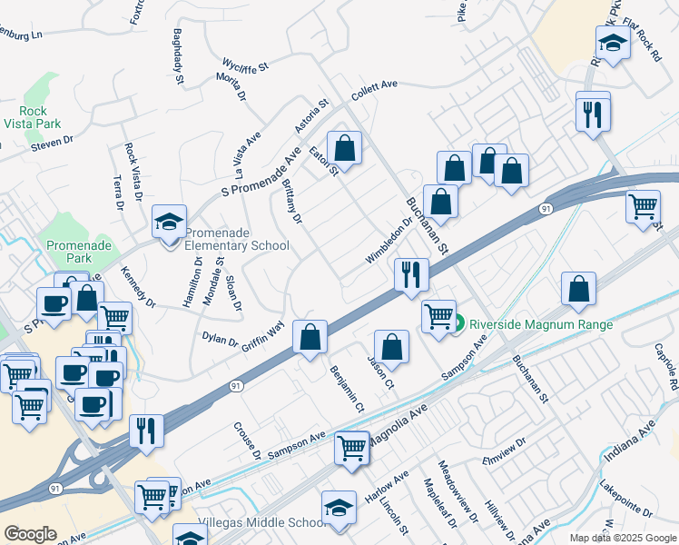 map of restaurants, bars, coffee shops, grocery stores, and more near 440 Brittany Drive in Corona