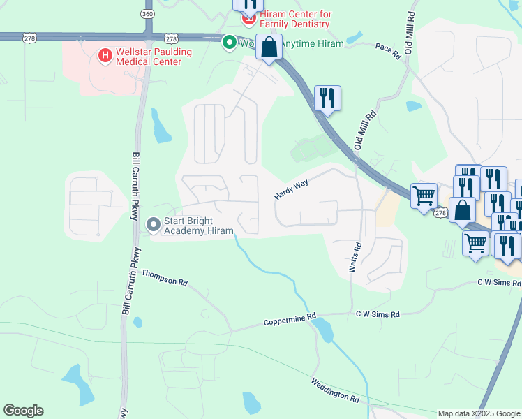 map of restaurants, bars, coffee shops, grocery stores, and more near 221 Rosemont Court in Hiram