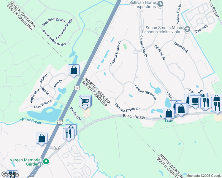 map of restaurants, bars, coffee shops, grocery stores, and more near 10 E Pine Ct in Carolina Shores