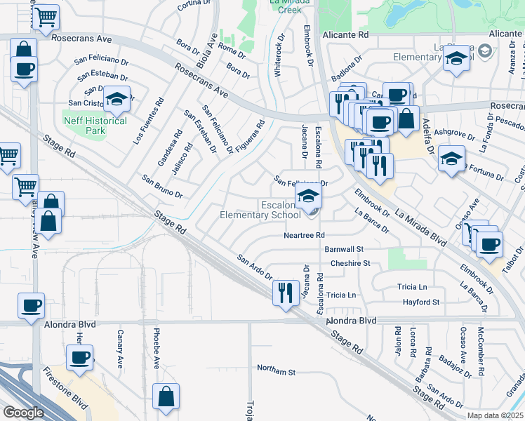 map of restaurants, bars, coffee shops, grocery stores, and more near 14812 Excelsior Drive in La Mirada