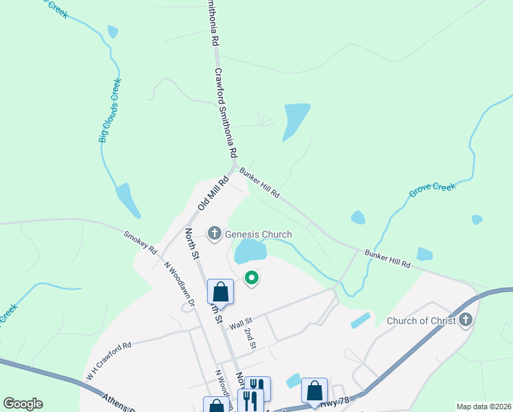 map of restaurants, bars, coffee shops, grocery stores, and more near 16 Ronnie Cheek Road in Crawford