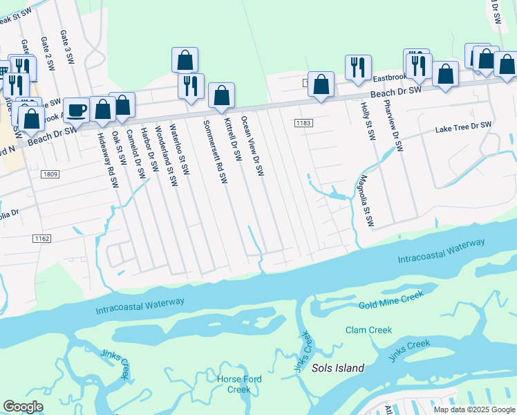 map of restaurants, bars, coffee shops, grocery stores, and more near 1921 Kittrell Drive Southwest in Ocean Isle Beach
