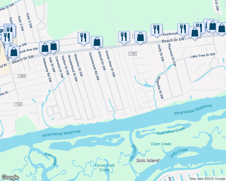map of restaurants, bars, coffee shops, grocery stores, and more near 1921 Kittrell Drive Southwest in Ocean Isle Beach