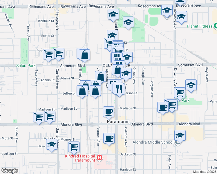 map of restaurants, bars, coffee shops, grocery stores, and more near 15536 Colorado Avenue in Paramount