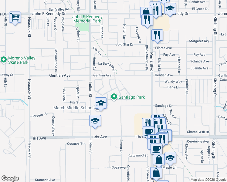 map of restaurants, bars, coffee shops, grocery stores, and more near 24739 Hudson Street in Moreno Valley