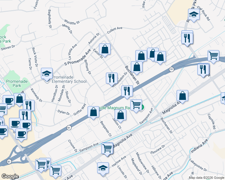 map of restaurants, bars, coffee shops, grocery stores, and more near 2941 Wimbledon Drive in Corona