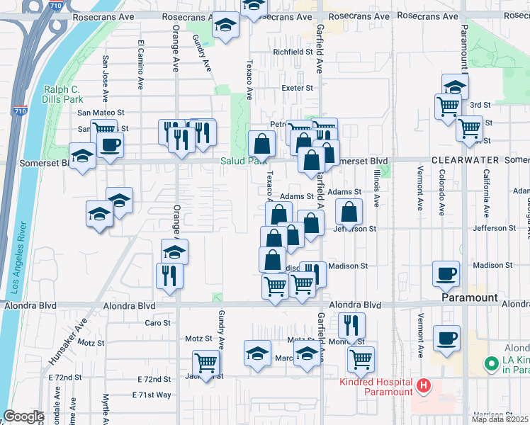 map of restaurants, bars, coffee shops, grocery stores, and more near 7200 Adams St in Paramount