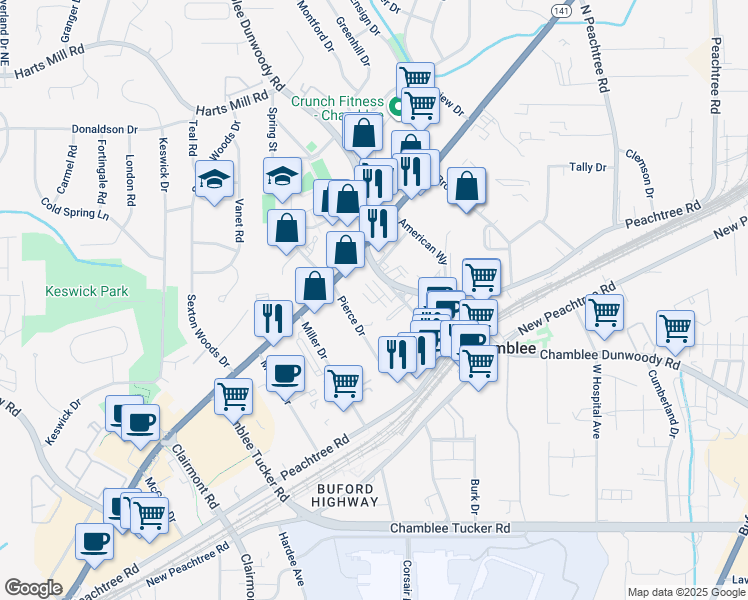 map of restaurants, bars, coffee shops, grocery stores, and more near 3550 Chamblee Dunwoody Road in Chamblee