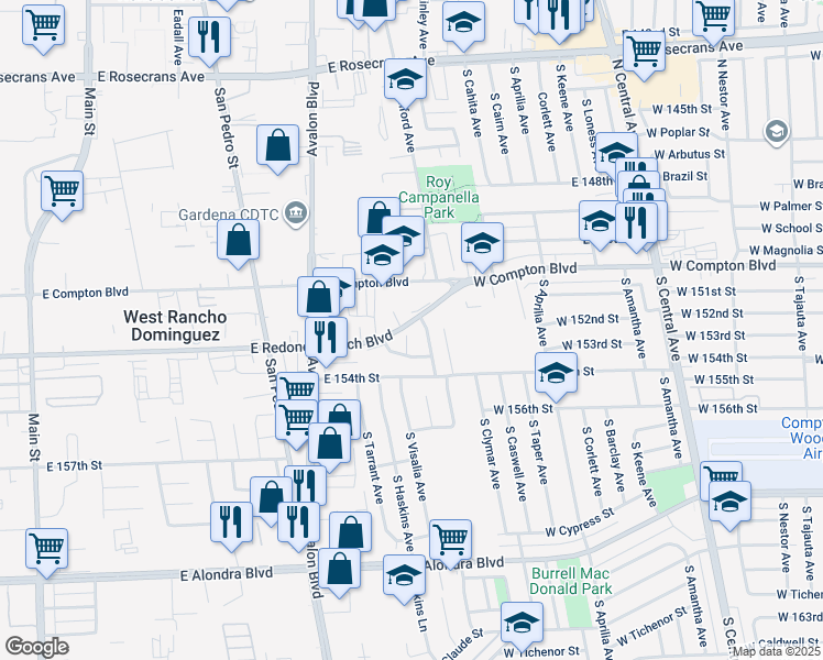 map of restaurants, bars, coffee shops, grocery stores, and more near 15202 South Visalia Avenue in Compton