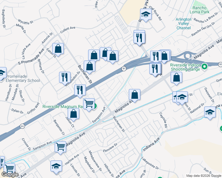 map of restaurants, bars, coffee shops, grocery stores, and more near 3883 Buchanan Street in Riverside