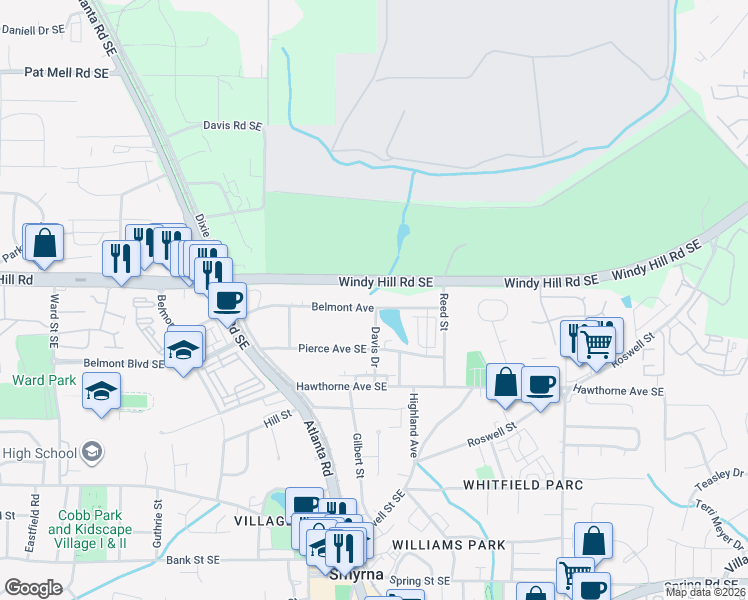map of restaurants, bars, coffee shops, grocery stores, and more near 1363 Belmont Avenue in Smyrna