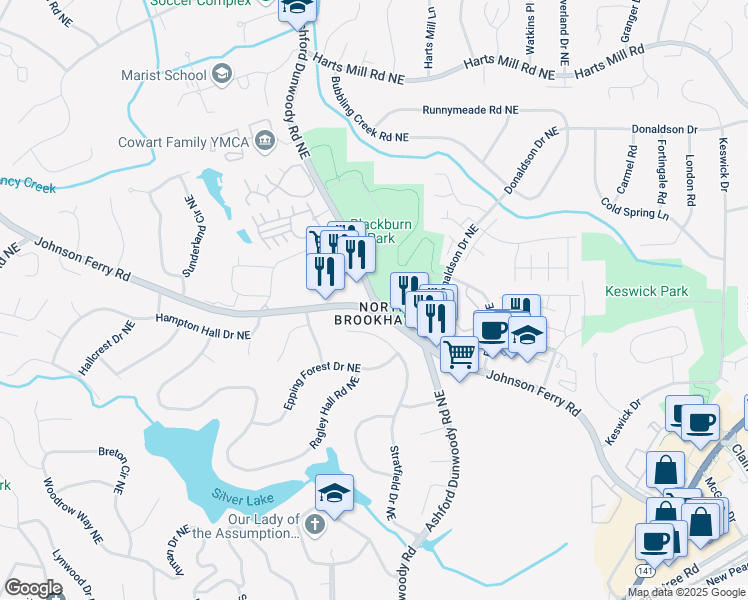 map of restaurants, bars, coffee shops, grocery stores, and more near 3558 Ashford Dunwoody Road Northeast in Atlanta