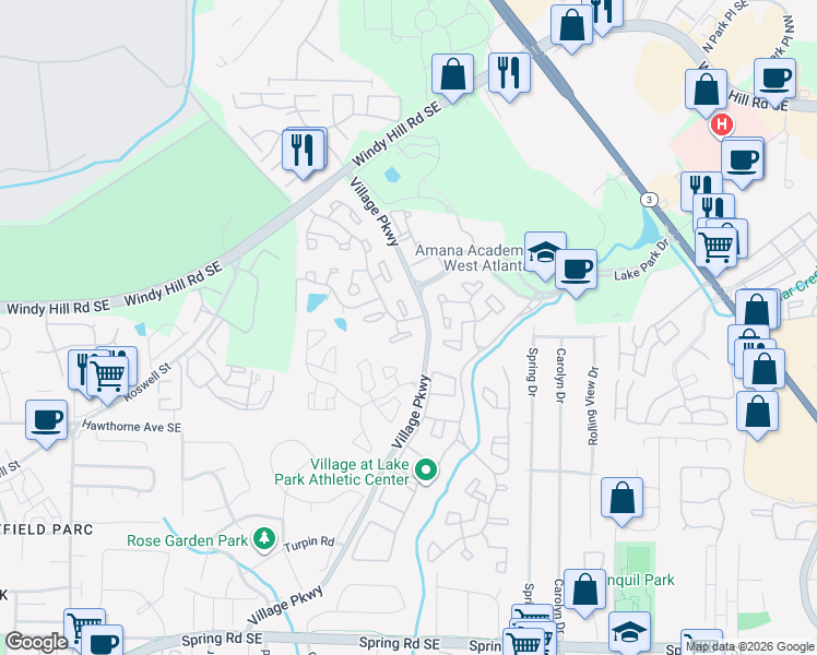 map of restaurants, bars, coffee shops, grocery stores, and more near 32 Little Silver Court in Smyrna