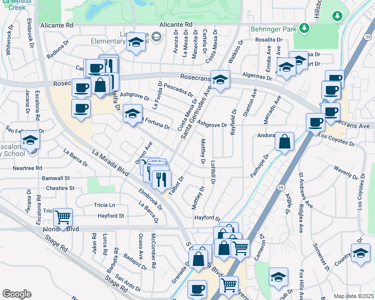 map of restaurants, bars, coffee shops, grocery stores, and more near 15044 Watkins Drive in La Mirada