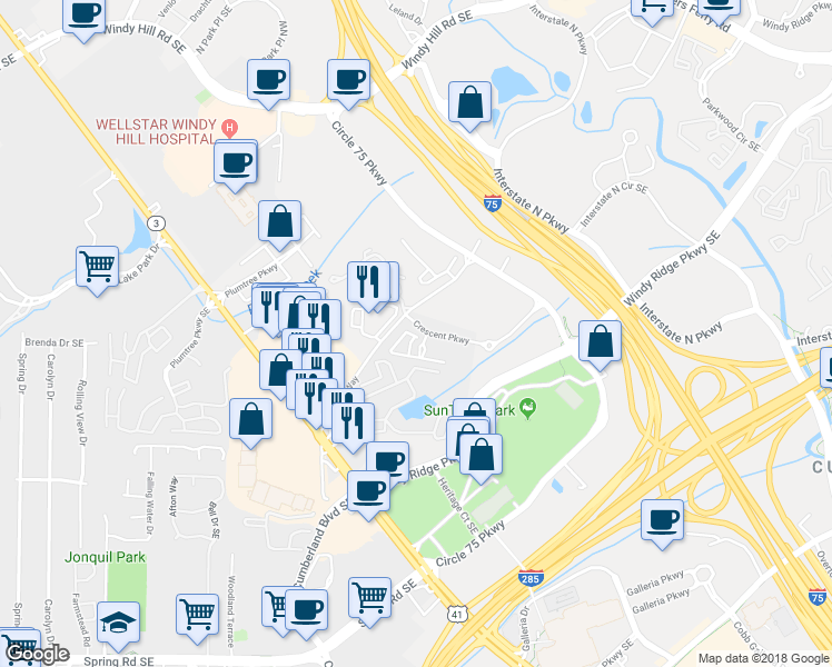 map of restaurants, bars, coffee shops, grocery stores, and more near 2548 Crescent Park Court in Atlanta
