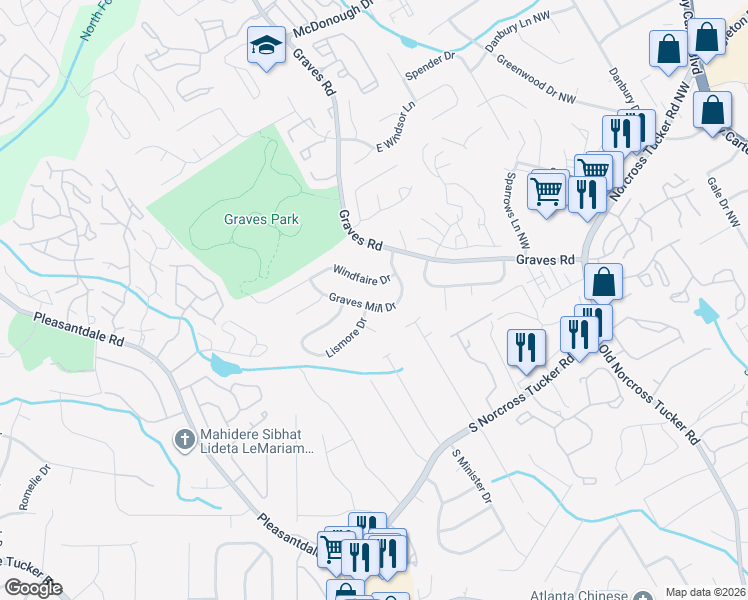 map of restaurants, bars, coffee shops, grocery stores, and more near 6696 Windfaire Drive in Norcross