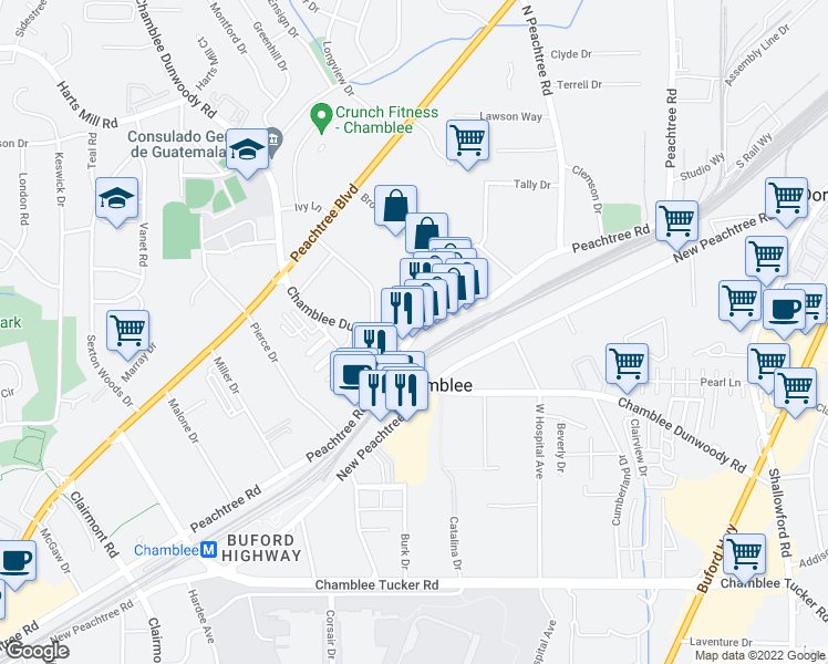 map of restaurants, bars, coffee shops, grocery stores, and more near 5450 Peachtree Road in Chamblee