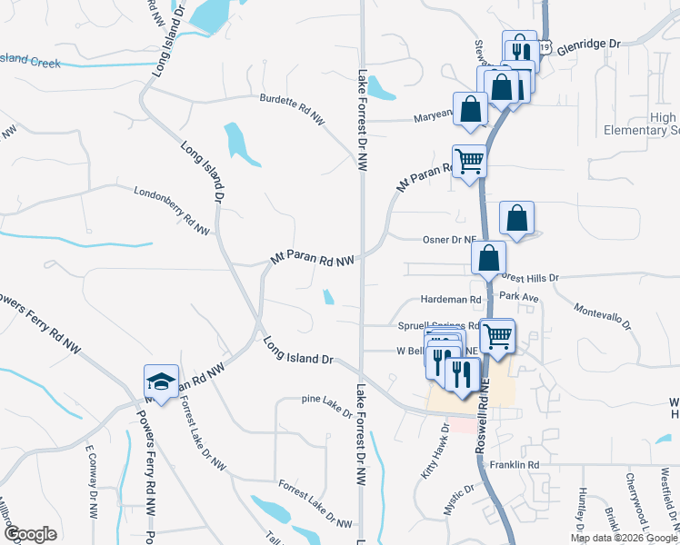 map of restaurants, bars, coffee shops, grocery stores, and more near 22 Mount Paran Road Northwest in Atlanta