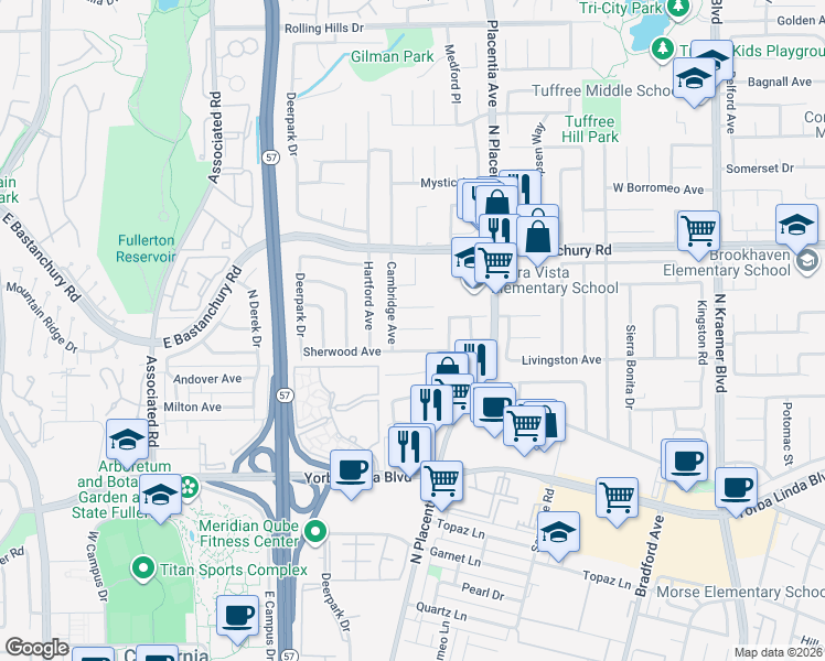 map of restaurants, bars, coffee shops, grocery stores, and more near 613 Lori Way in Placentia