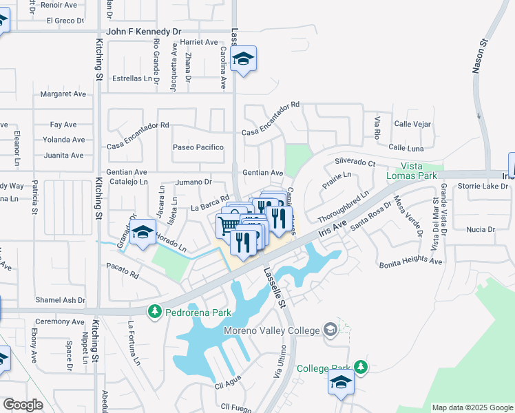 map of restaurants, bars, coffee shops, grocery stores, and more near 15700 Lasselle Street in Moreno Valley